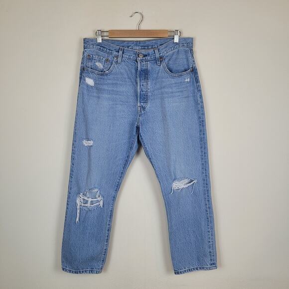 Levis 501 Jeans 32x26 Blue Crop High Rise Athens Break Distressed 362000187 - Picture 1 of 11